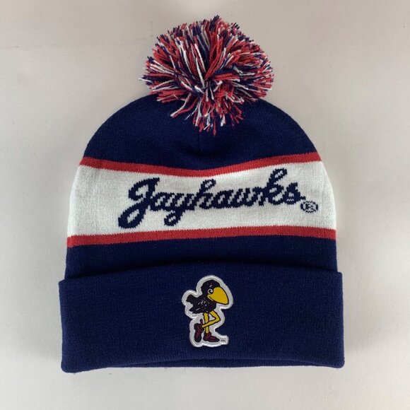 Kansas Jayhawks NCAA Retro Navy Blue White Pom Beanie Cap - Picture 1 of 2